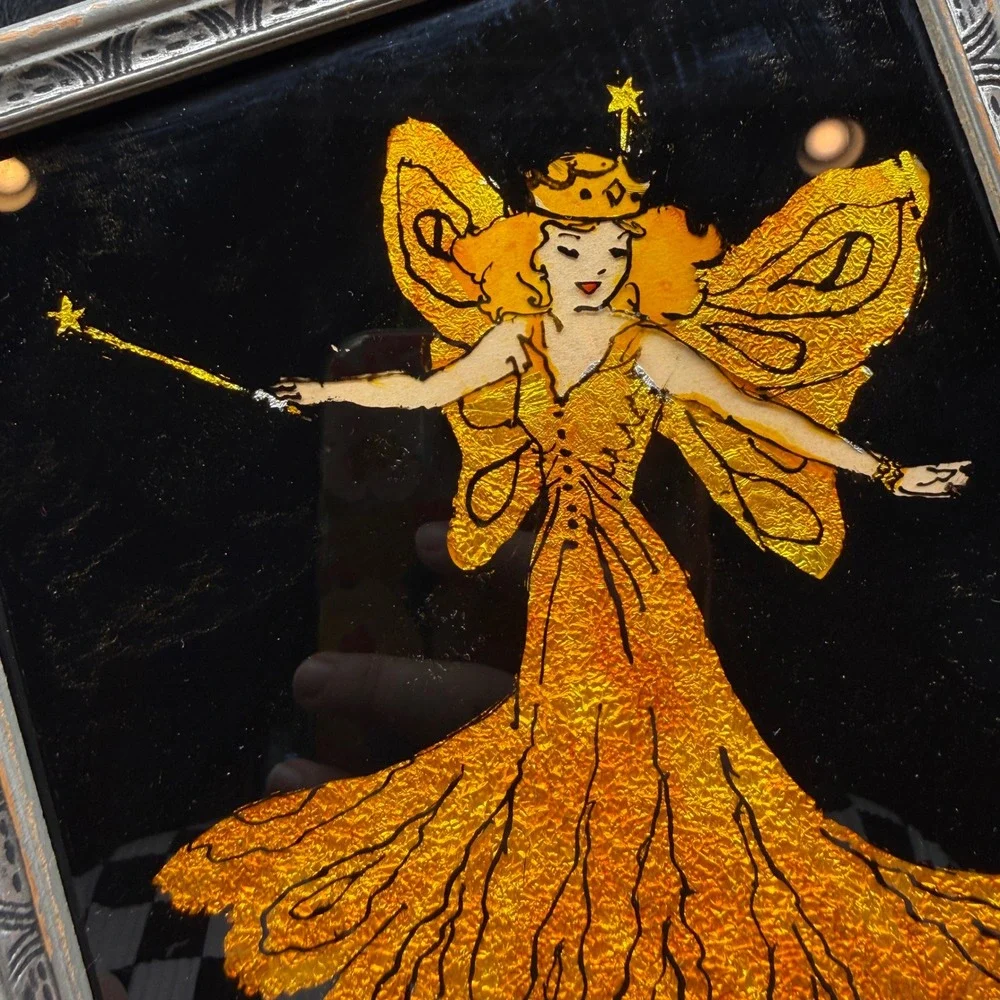 Vintage Gold Fairy Foil Art Framed Home Decor Retro Art Deco Whimsical Cottage